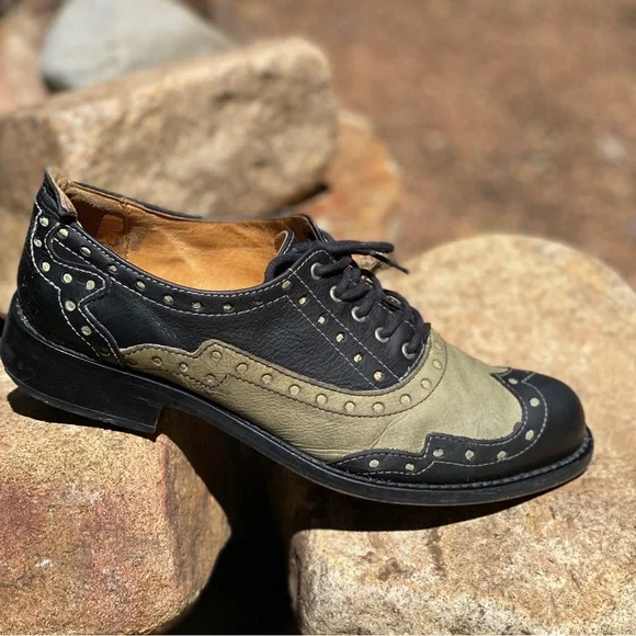 John Fluevog Adrians Amanda Saddle Shoe Loafer Leather Size 8 Womens Black Khaki - Picture 7 of 16